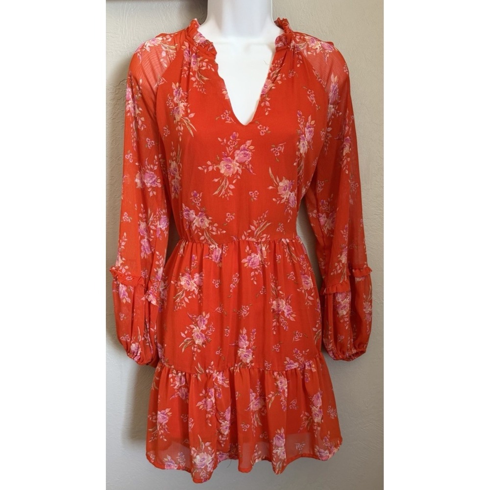 Vince Camuto Boho Short Dress‎ Womens XS Orange Tiered Balloon Sleeve Tunic